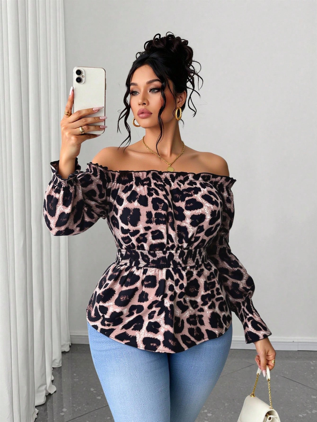 Off Shoulder Blouse - Blus Modis Wanita Ukuran Besar Motif