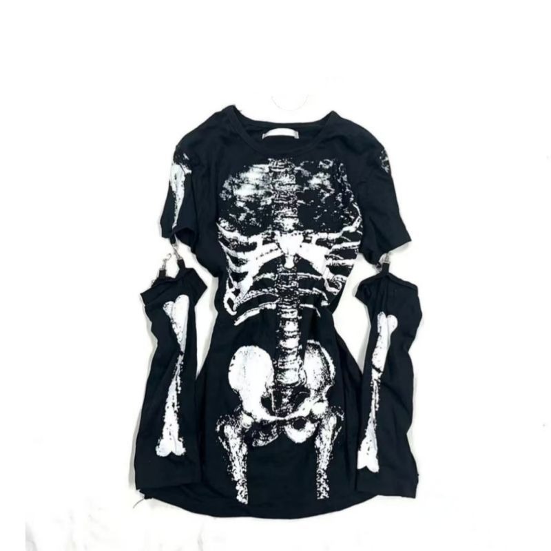 Summer Goth Clothing - Kaos Grafis Tengkorak Gothic dengan Lengan