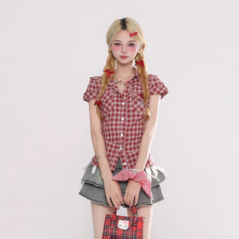 Summer Goth Clothing - Kemeja Kotak-kotak Gotik Vintage Harajuku Wanita