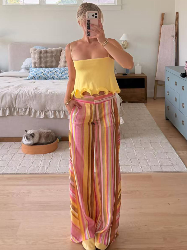 Palazzo Pant Wide - Celana Bergaris Wanita Celana Panjang Linen