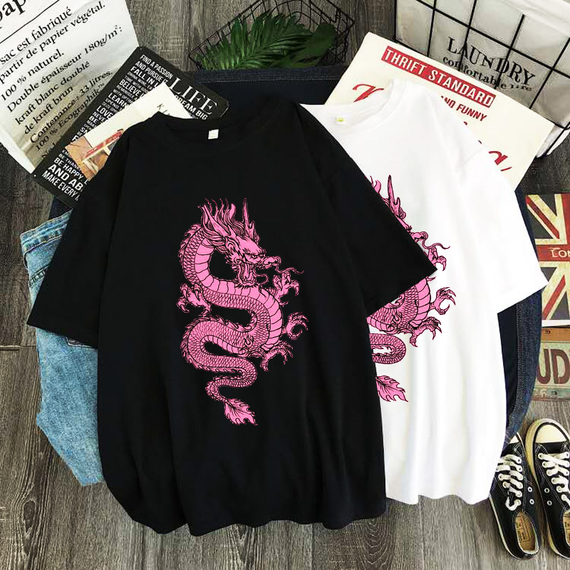 Summer Goth Clothing - T-shirt Wanita Atasan Naga Merah Muda