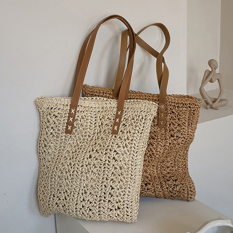 Beach Bag Straw - Tas pantai jerami berongga persegi tas
