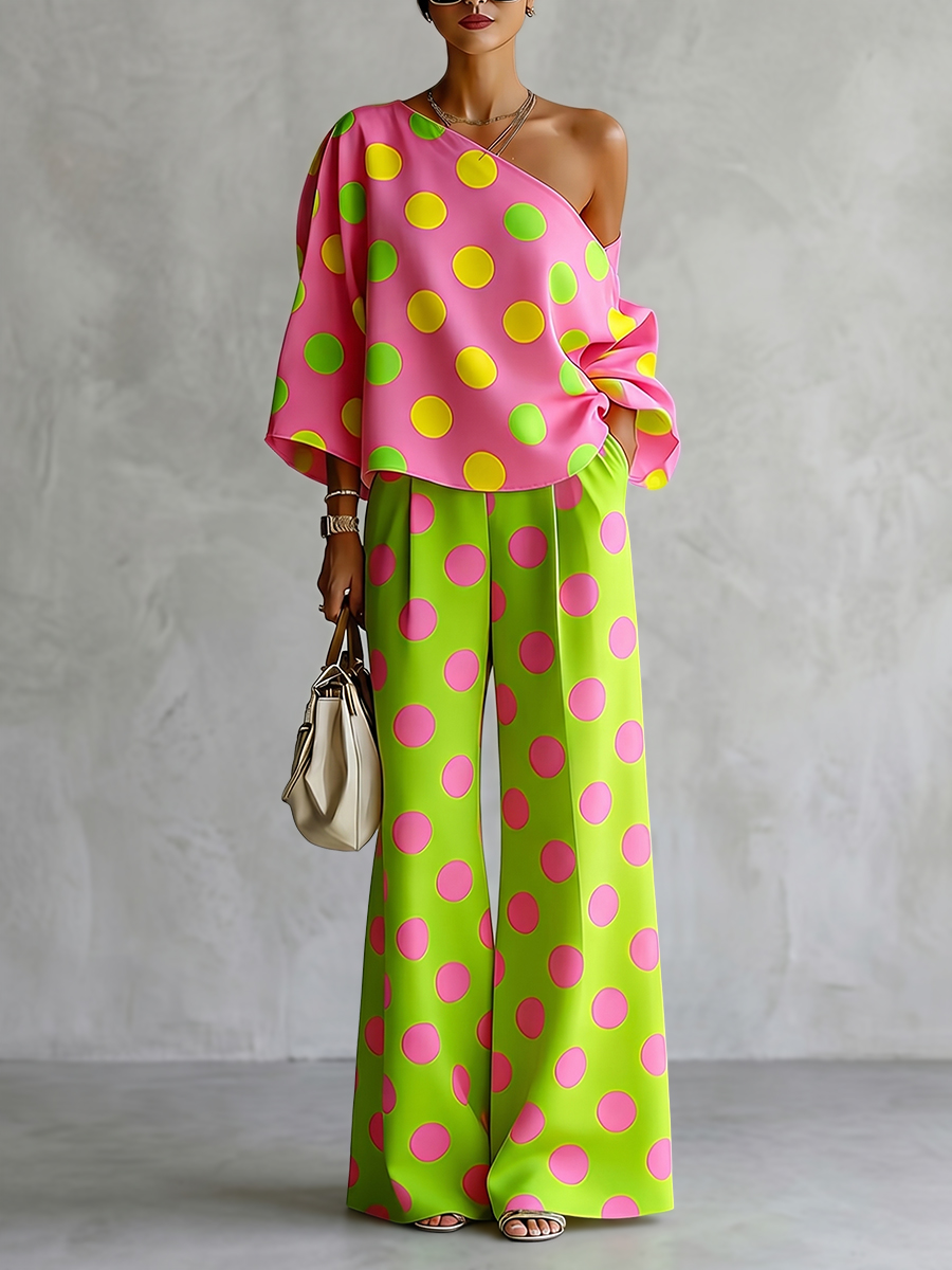 Off Shoulder Blouse - Setelan Wanita Missuoo 2 Potong Polkadot,