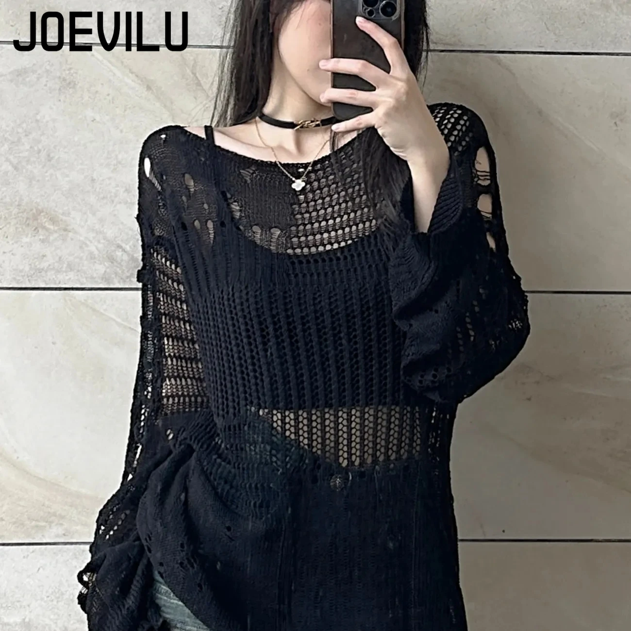 Summer Goth Clothing - JOEVILU blus rajut berongga wanita, atasan
