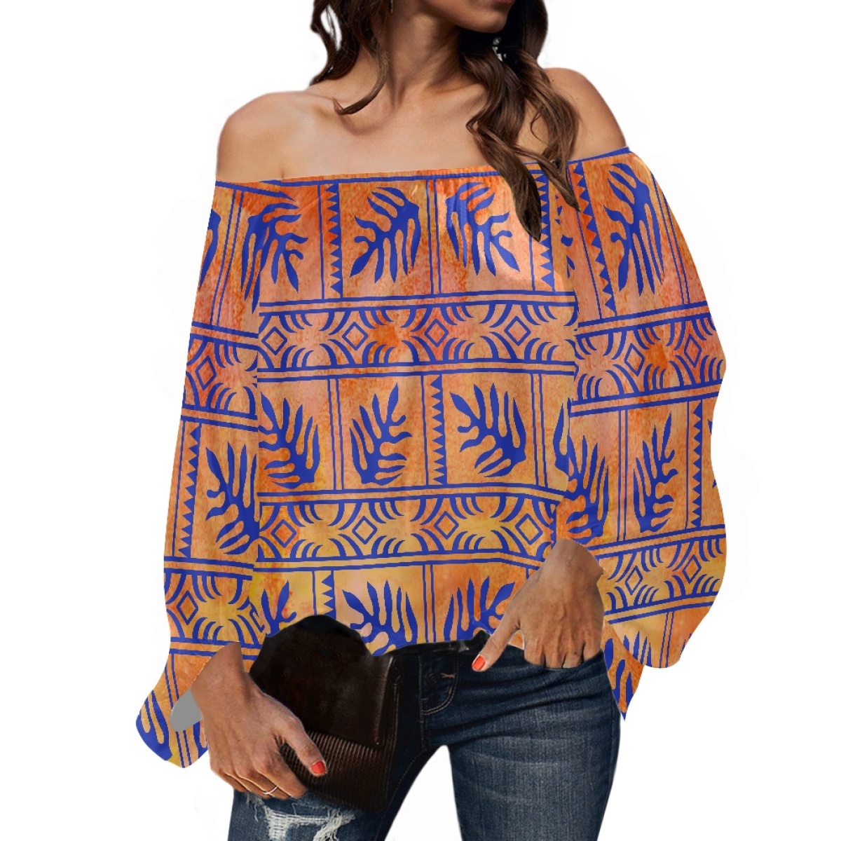 Off Shoulder Blouse - Pakaian Suku Polinesia Motif Tapa Samoa