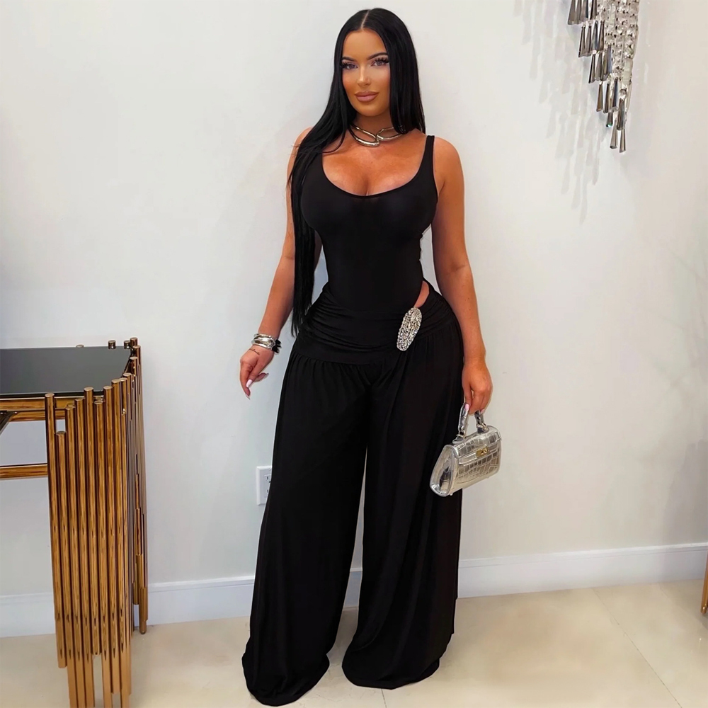 Palazzo Pant Wide - Setelan Wanita 2 Potong Warna Solid