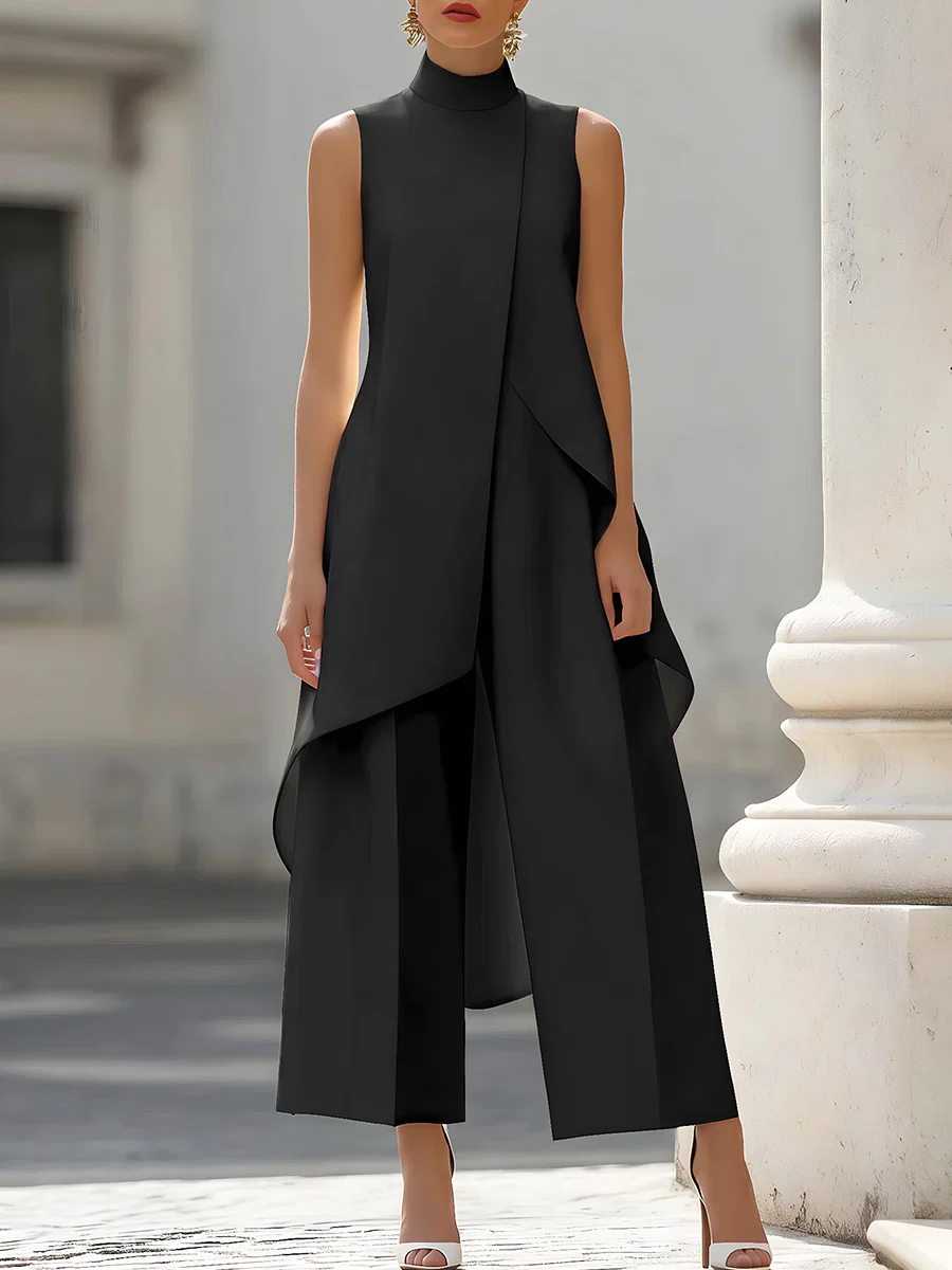 Palazzo Pant Wide - Jumpsuit tanpa lengan dengan kerah tinggi,