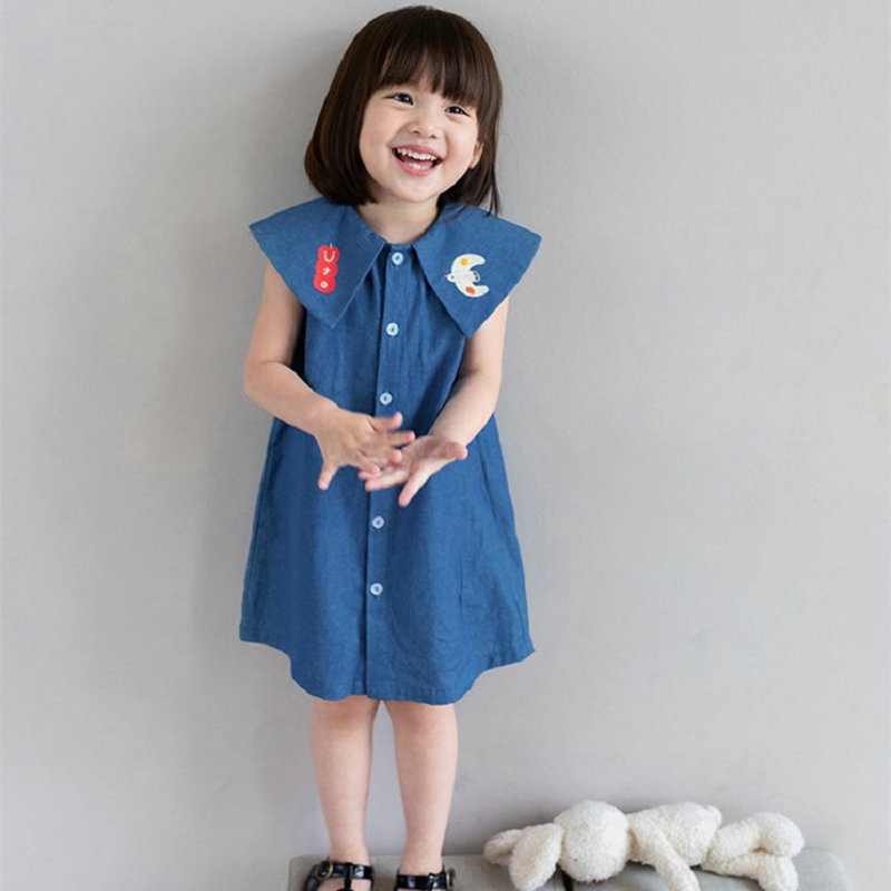 Summer Loving Kids Clothing - Gaun Denim Kerah Tanpa Lengan Kancing