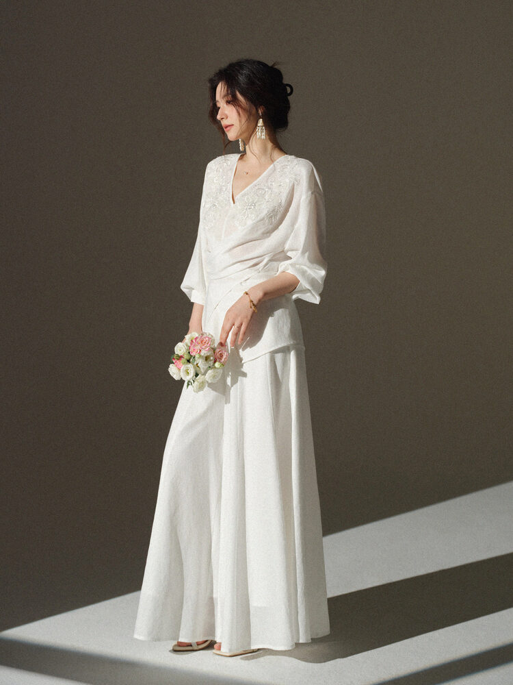 Setelan Blus Bordir V-Neck dan - Palazzo Pant Wide ulasan dan harga